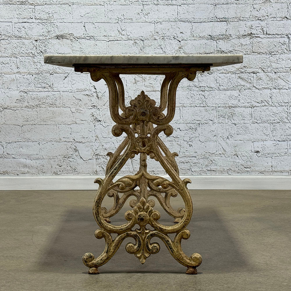 Antique English Marble Top Garden Table with Cast Iron Base
