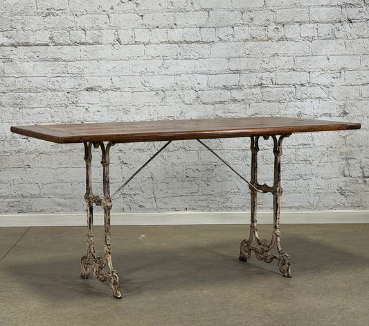 Antique French Pine Top Cast Iron Base Dining Table