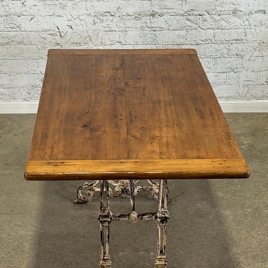 Antique French Pine Top Cast Iron Base Dining Table