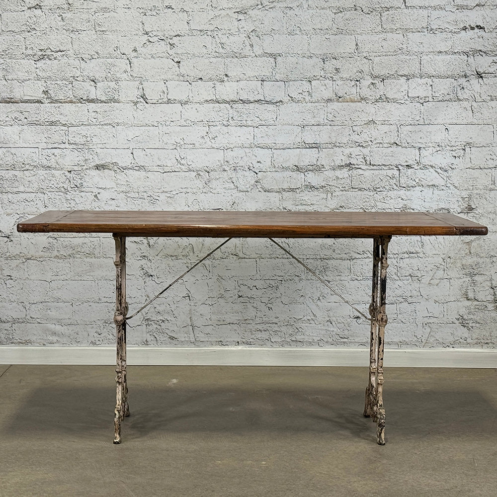 Antique French Pine Top Cast Iron Base Dining Table