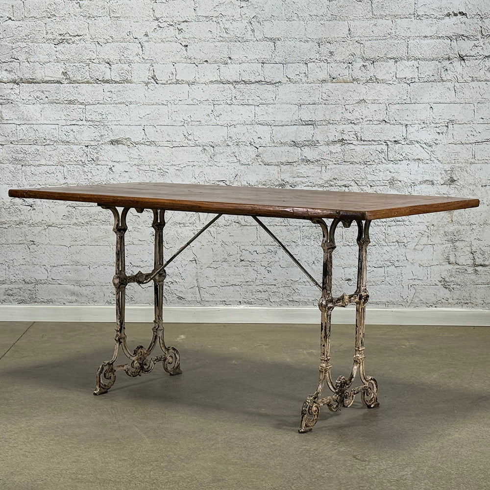 Antique French Pine Top Cast Iron Base Dining Table