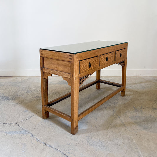 Asian Sofa Table with 3 drawers for storage and artistic scroll detail on legs