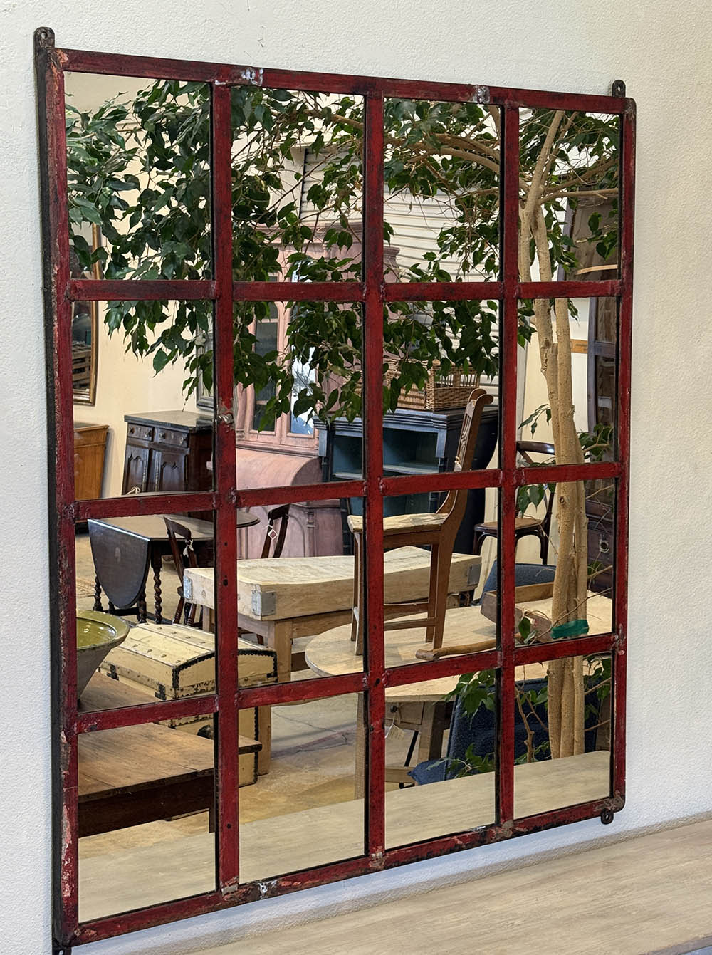 Vintage Industrial Iron Window Mirror, Red