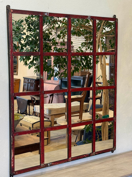 Vintage Industrial Iron Window Mirror, Red