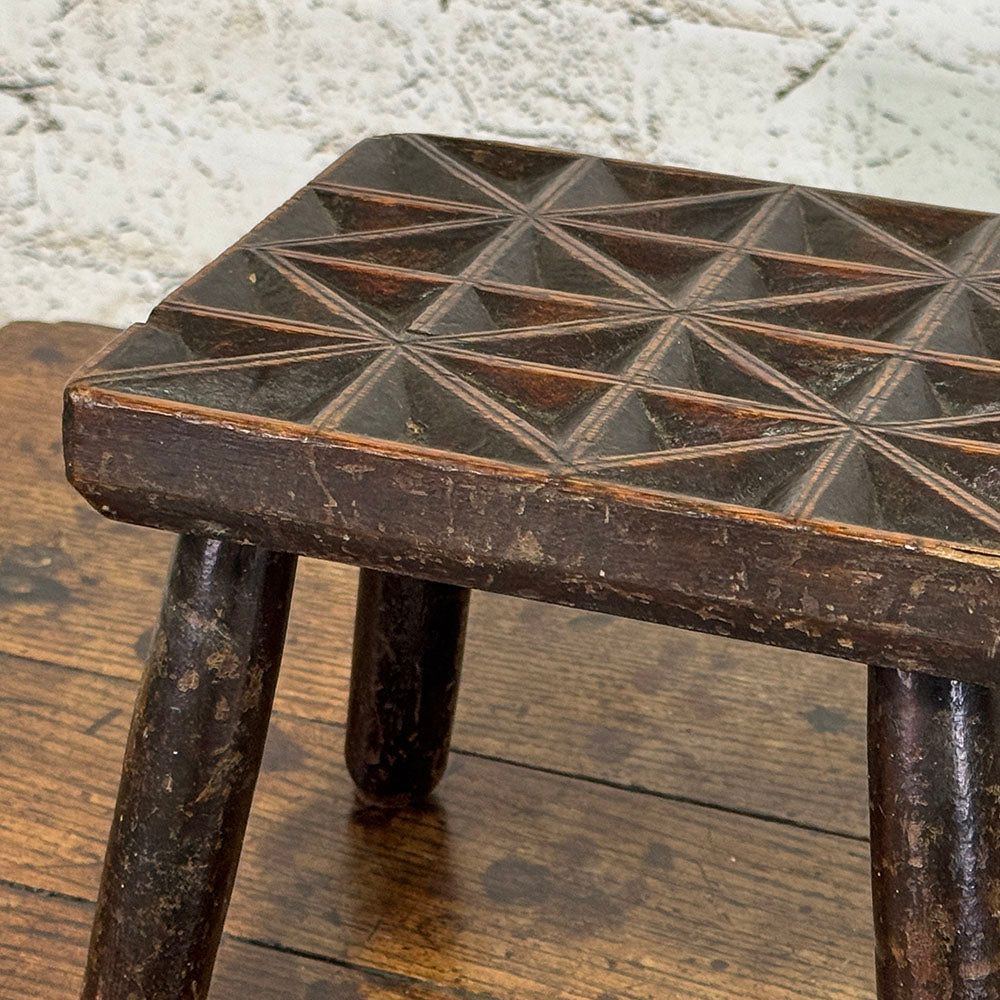 19th c. Stool with Hand-Carved Top