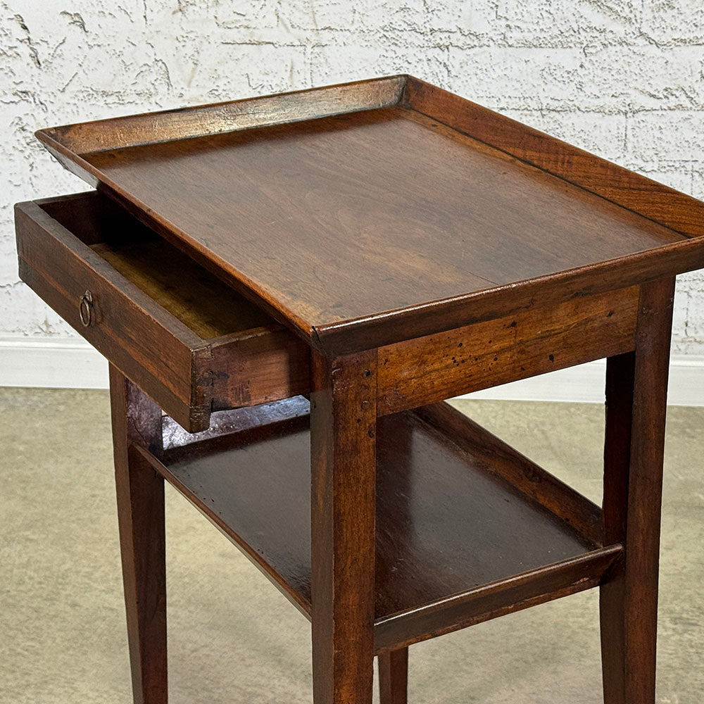 Antique French Walnut Lamp Table with Drawer & Shelf, Burgundy c.1820