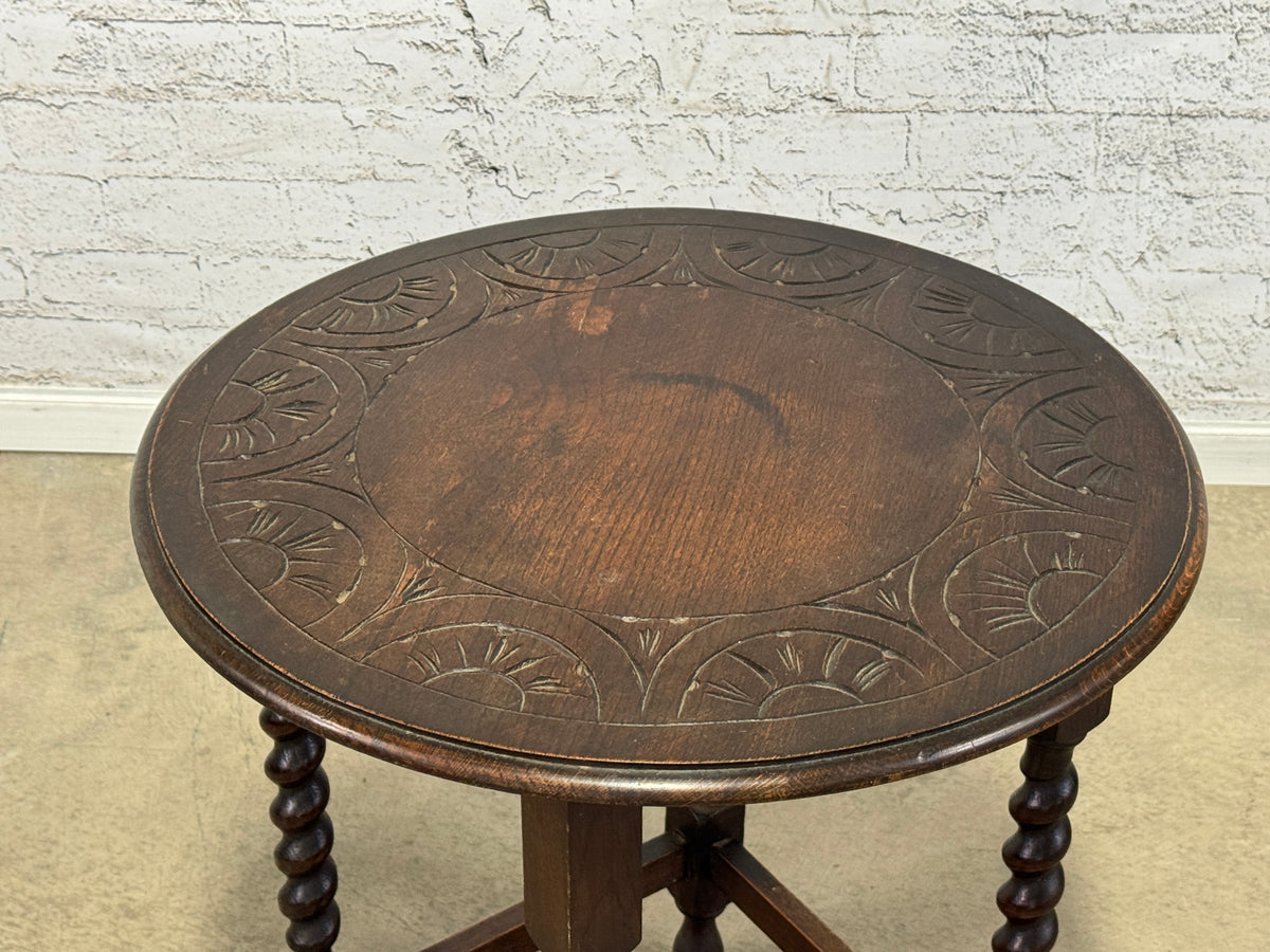 Round Barley Twist Side Table with Carved Top