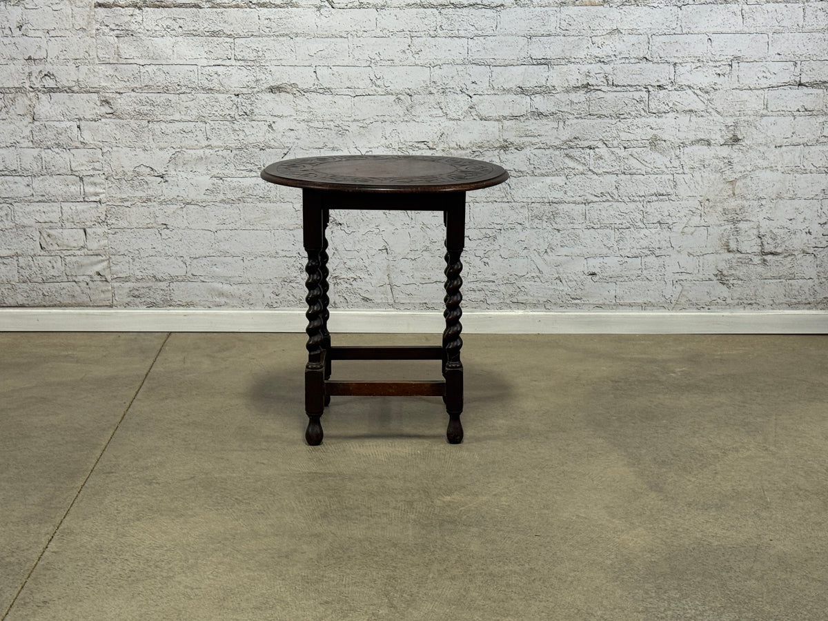 Round Barley Twist Side Table with Carved Top