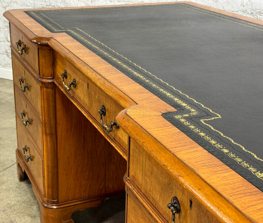 Antique Nine Drawer Birds-Eye Maple Desk with Leather Inlay