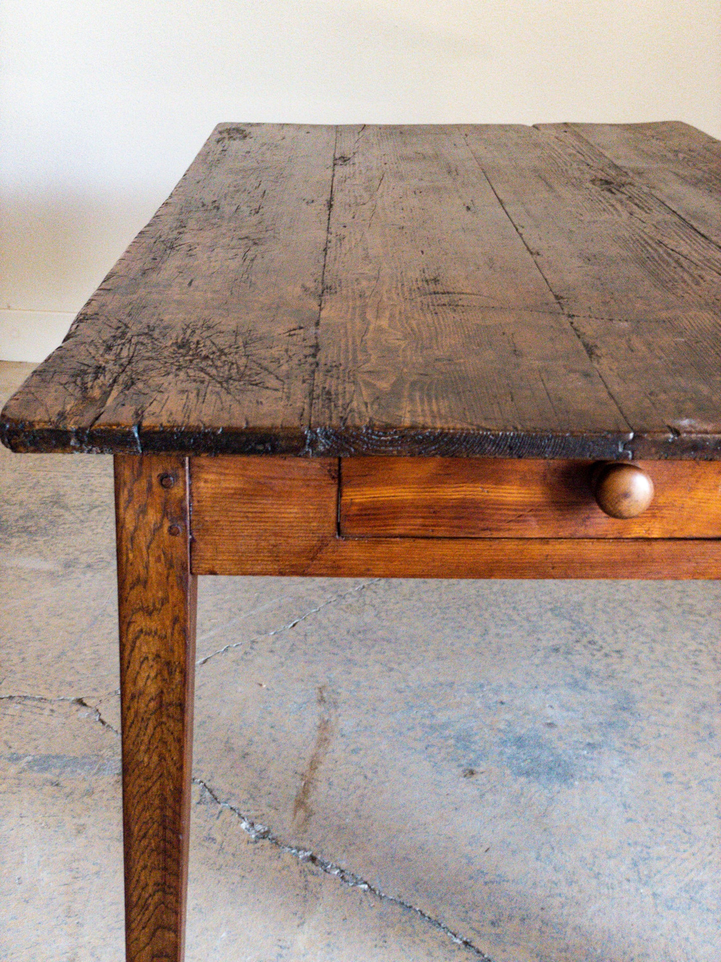 Antique French Pine Table with End Drawer