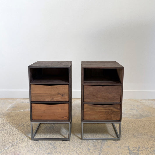 Industrial Steel and Teak End Table